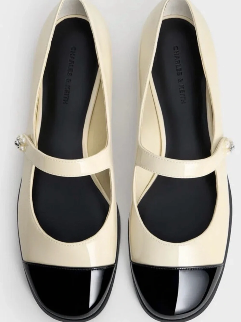 Charles & Keith Patent Pearl-Embellished Flower-Buckle Two-Tone Mary Janes (NWT)